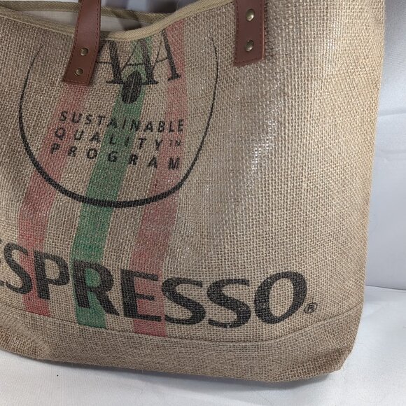 Nespresso Tote Bag Jute Burlap Beige Brown Faux Leather Shoulder 19x14" Coffee - Picture 3 of 14